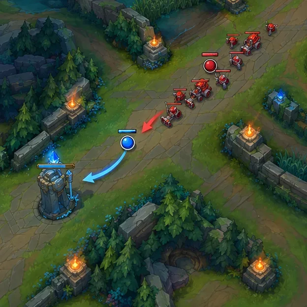 A blue mid laner turns toward an incoming wave as red minions advance toward the allied mid turret.