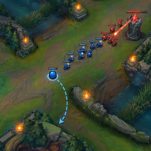 A mid laner leaves mid by a river route after blue and red minions meet near the red turret.