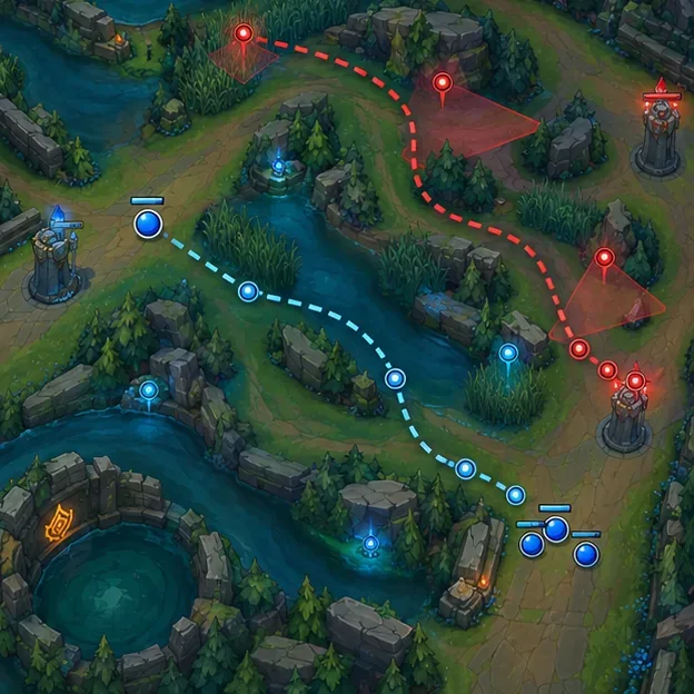 A map review compares a safe blue route with an exposed red route through enemy vision.