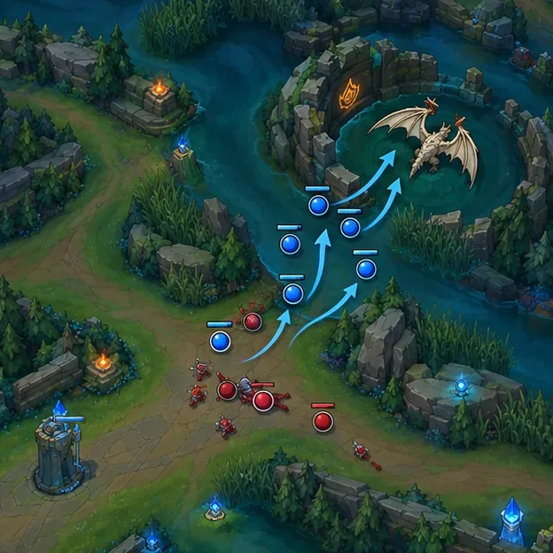 Blue teammates rotate together from mid toward the dragon pit after a side-lane play.