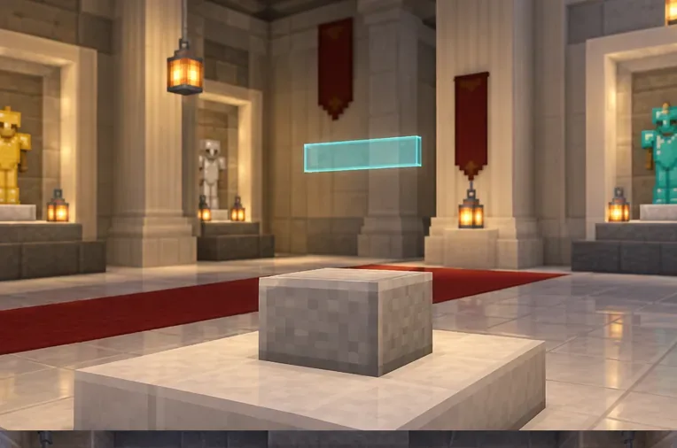 แท่นวางภาพในแกลเลอรี่ Minecraft ใต้ป้ายชื่อลอยสีฟ้าสดใสจากแท่นวางชุดเกราะที่มองไม่เห็น
