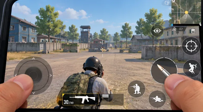 Două degete mari care acționează comenzile de mișcare și de tragere pe un ecran mobil de tip battle royale