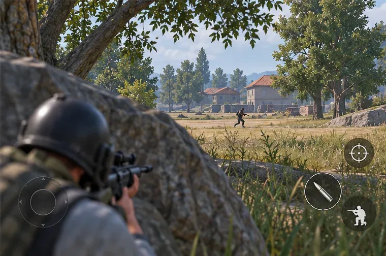 A player aiming from behind a tree toward an opponent crossing an open lane.