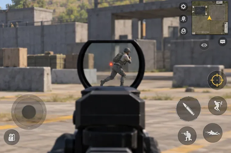 A red-dot reticle following a running target across a training lane.