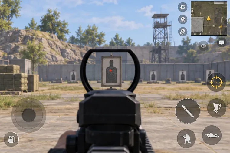 A red-dot sight centered on a stationary target in a mobile shooter training range.