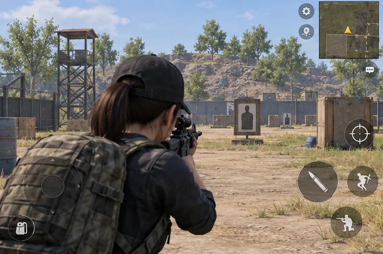 A player aiming at a stationary silhouette at an outdoor training range.