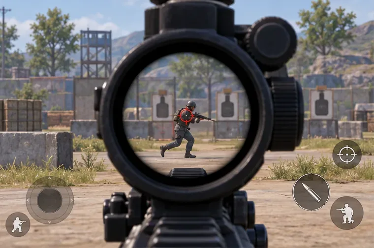 A magnified sight following a running target at medium range.