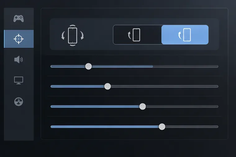 An illustrative gyroscope settings panel with tilt options and four sensitivity sliders.