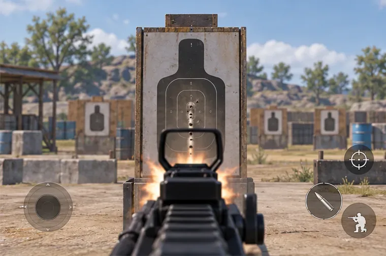 A short automatic burst grouping vertically on a paper target in a training range.