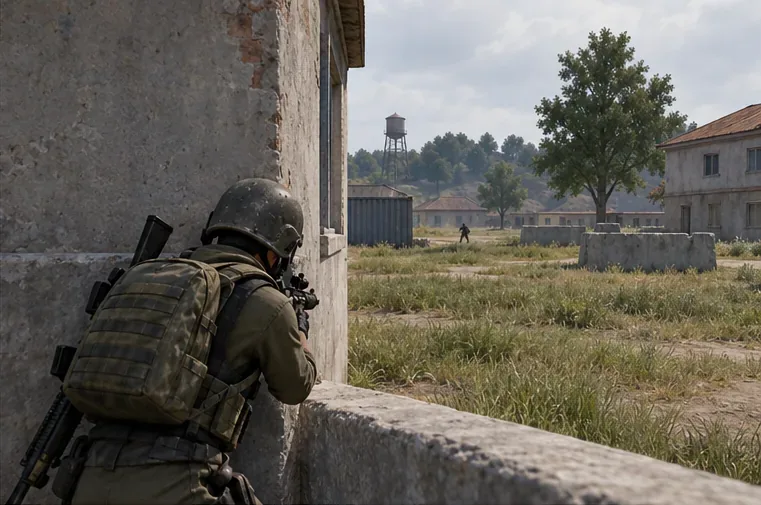 A battle royale player leans around a concrete wall to get a narrow view of the open compound.