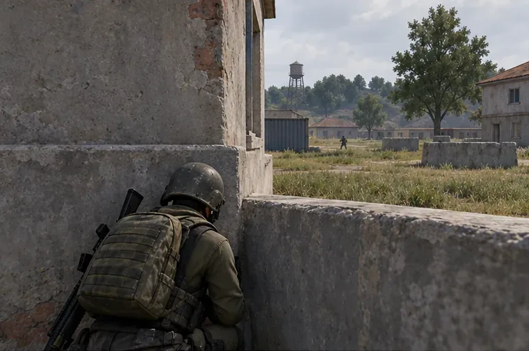 A battle royale player checks the angle from behind a concrete corner before leaning out.