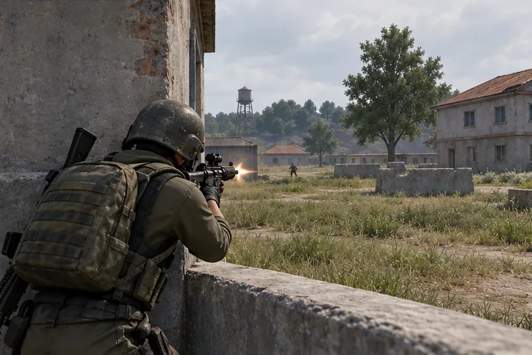 A battle royale player fires a short aimed burst while leaning around a concrete wall.