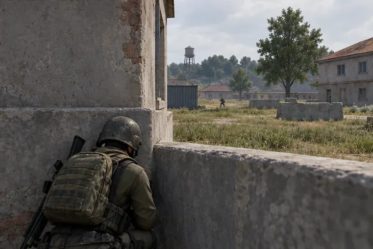 A battle royale player has returned behind a concrete wall after a brief peek.