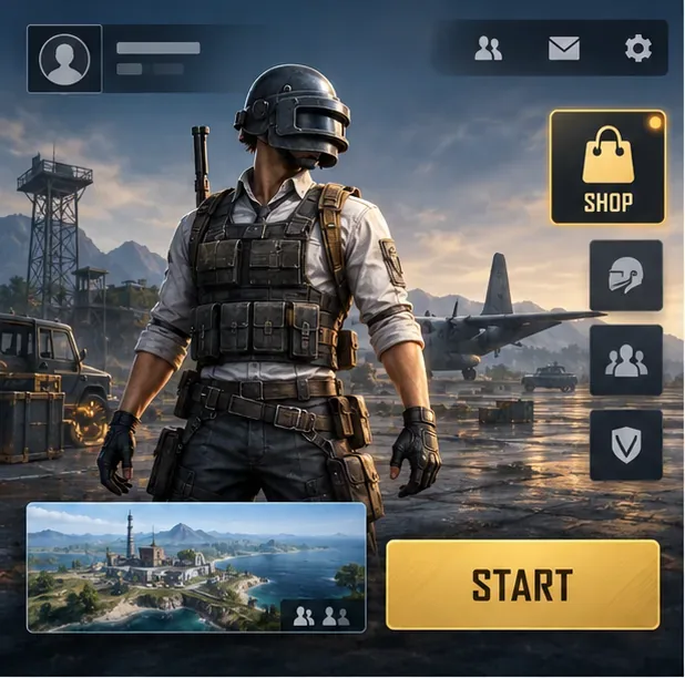 ภาพจำลองล็อบบี้สไตล์ PUBG Mobile โดยมีไอคอนถุงช้อปปิ้งของร้านค้าปรากฏอยู่ข้างตัวละคร