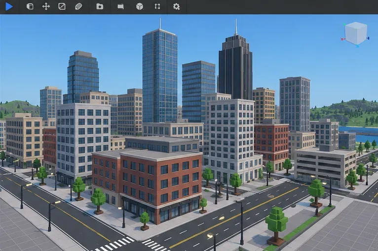 A Roblox-style downtown with modular mid-rise buildings and skyscrapers arranged along connected streets.