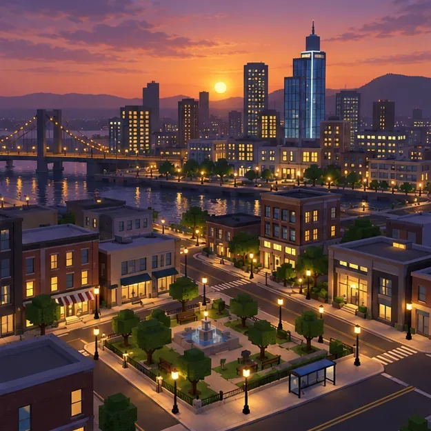 A Roblox-style downtown at sunset with lit windows, street lamps, a riverfront, and a visible skyline.