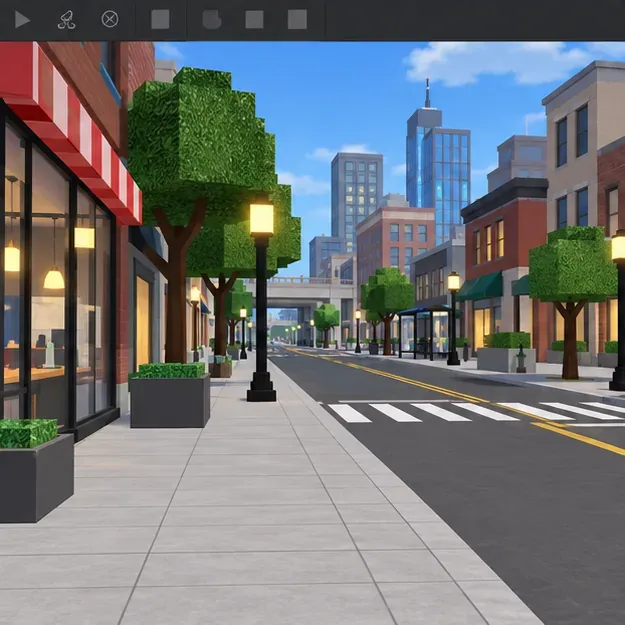 Street-level Roblox city view with a wide sidewalk, storefront entrances, streetlights, crosswalk, and an open road ahead.