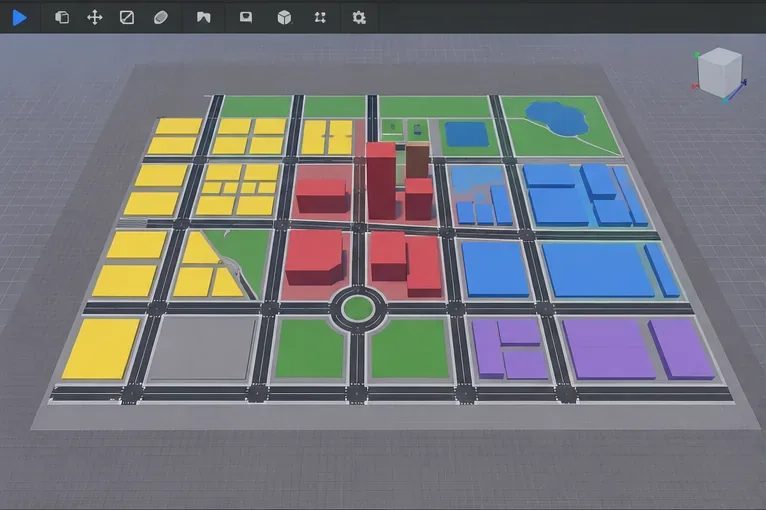 Overhead Roblox city blockout with a street grid and colored districts for homes, shops, offices, and parks.
