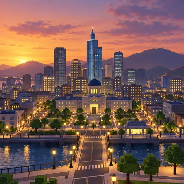 Finished Roblox-style metropolis at sunset with a central landmark, connected roads, parks, and a waterfront skyline.