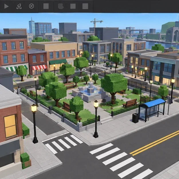 A Roblox city park with trees, benches, a fountain, nearby shops, a bus stop, and crosswalks.