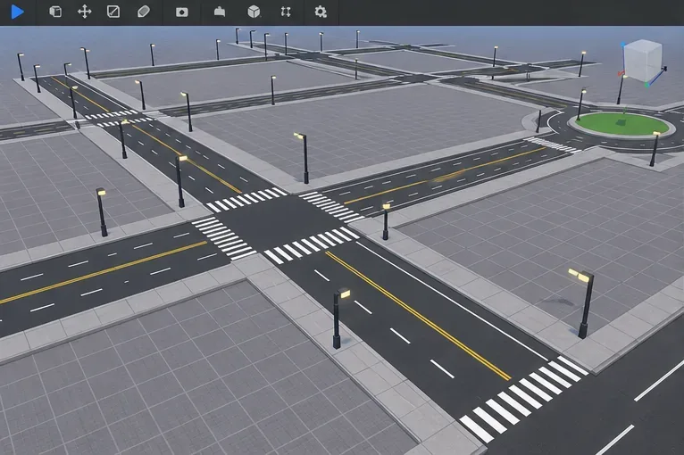 Roblox city roads made from gray Parts with sidewalks, crosswalks, streetlights, and a clear intersection grid.