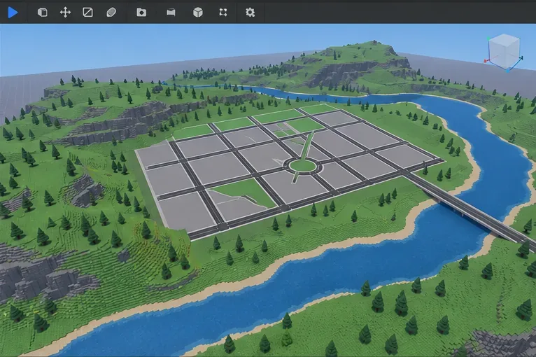 A Roblox city grid on level ground surrounded by green hills and a river bend.