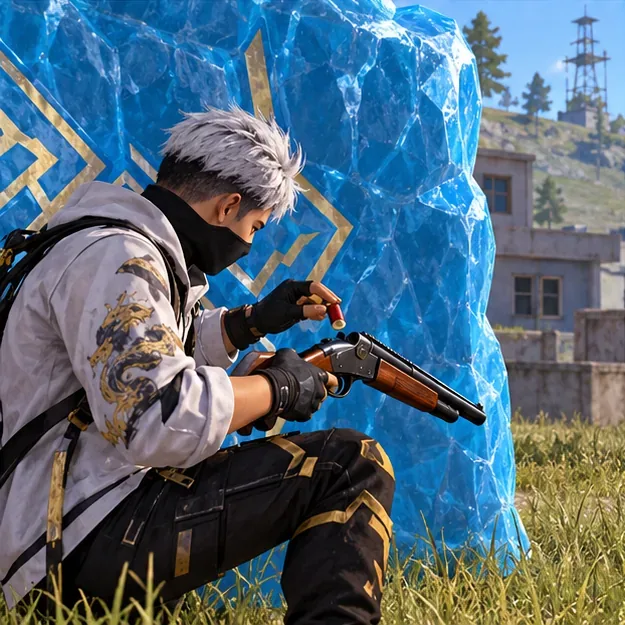 A player reloads a two-shot shotgun behind a blue Gloo Wall