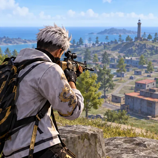 A player aims a scoped rifle across an open battle royale landscape