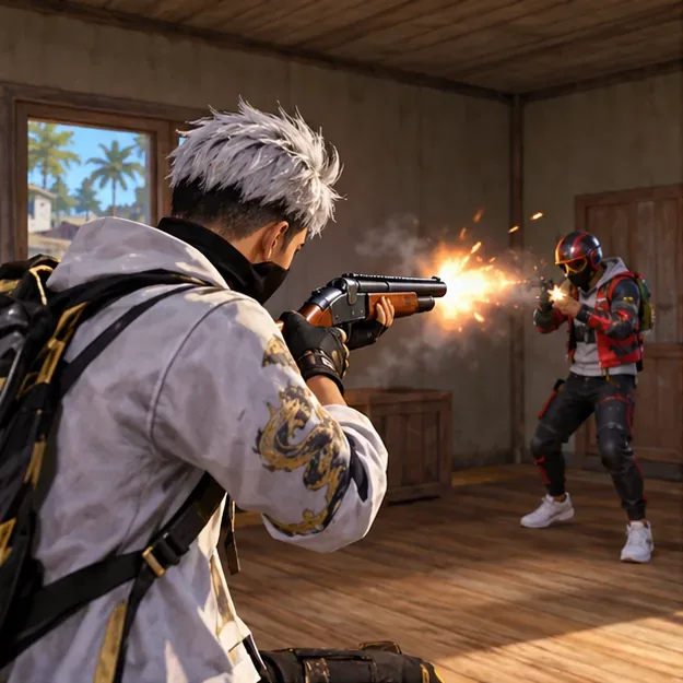A player fires a double-shot shotgun at an opponent inside a small room