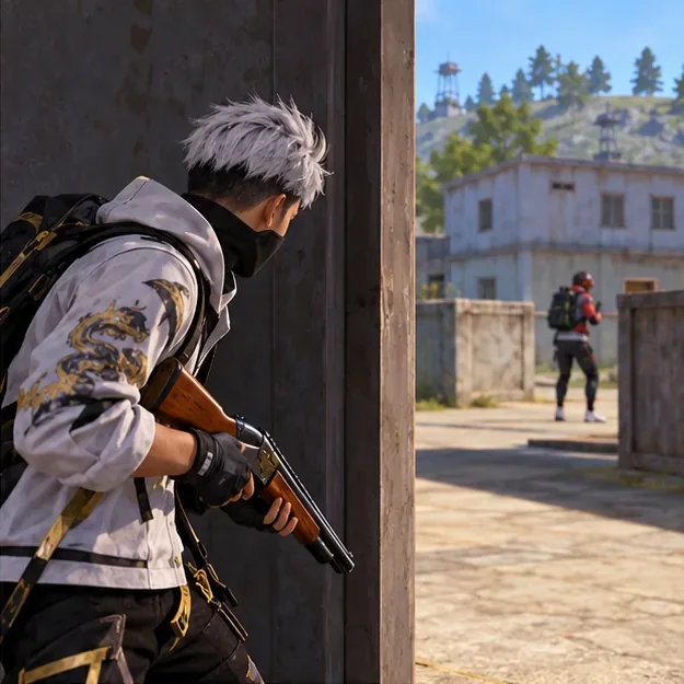 A player with a shotgun checks the angle from behind a doorway