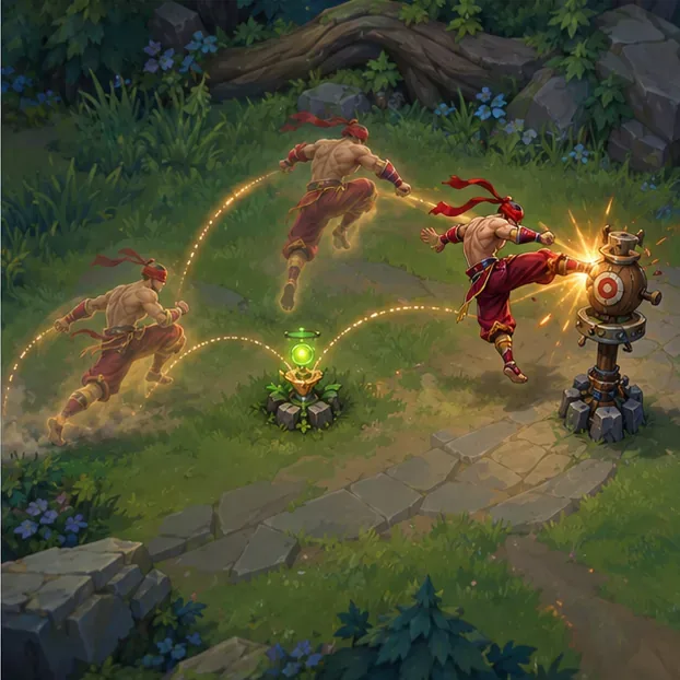 Lee Sin repeats a ward hop and kick toward a stationary training dummy, with faint movement arcs showing repeated attempts