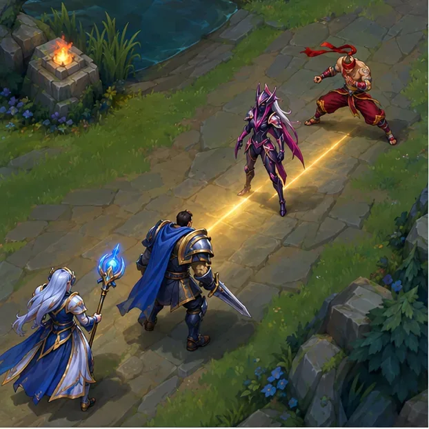 Lee Sin stands on the far side of an enemy with allied champions lined up behind the target
