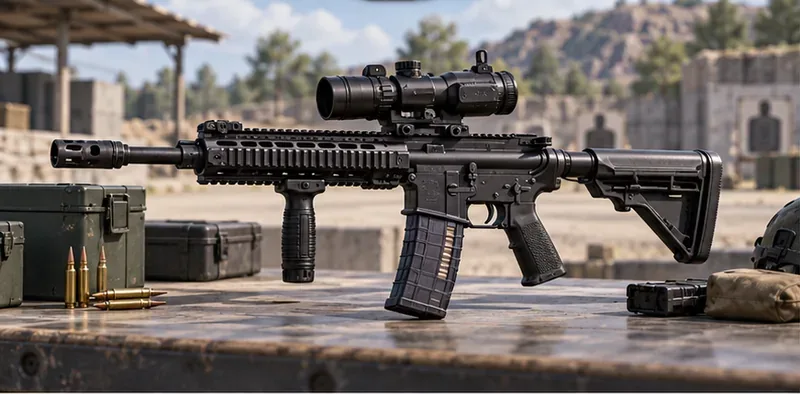 ปืนไรเฟิลแบบ M416 พร้อมกล้องเล็ง 6x, ตัวลดแรงรีคอยล์, ด้ามจับด้านหน้าแบบแนวตั้ง, พานท้าย และแม็กกาซีนแบบยาว วางอยู่บนแท่นฝึกซ้อม