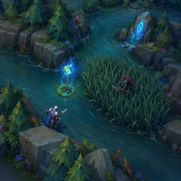 A ward on a glowing Faelight reveals part of the river beside a jungle entrance