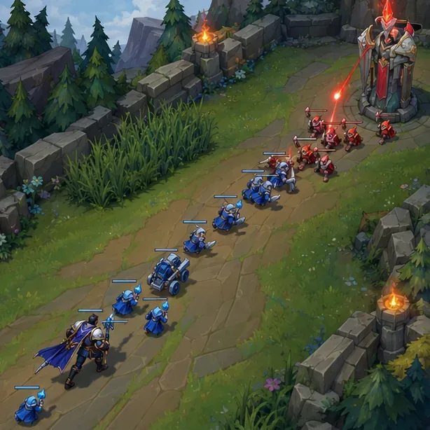 A blue minion wave building toward a red outer turret on top lane