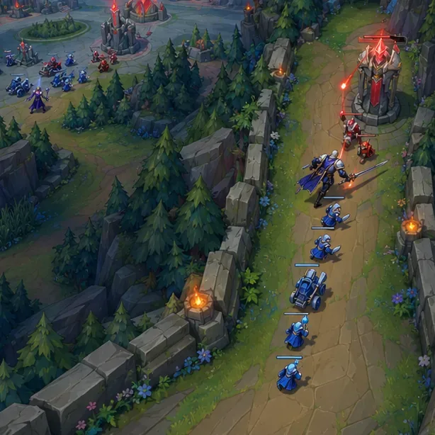 An allied champion and minions pressure a side-lane turret while another lane remains active