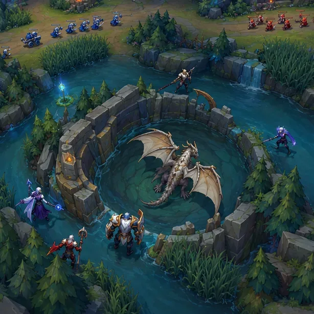 Champions take positions around a dragon pit while minion waves advance on both nearby lanes