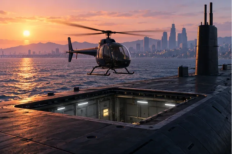 A compact helicopter lifting above a submarine deck at sunset, representing the Sparrow launch point at the Kosatka.