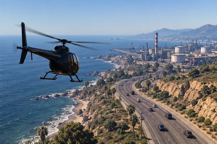 A dark compact helicopter flying above a coastal road toward an industrial area, illustrating a direct route to a prep marker.