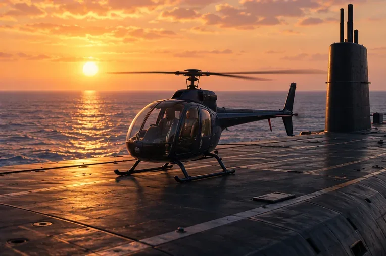 A compact helicopter settled on a clear submarine deck at sunset, illustrating a careful return after a prep mission.