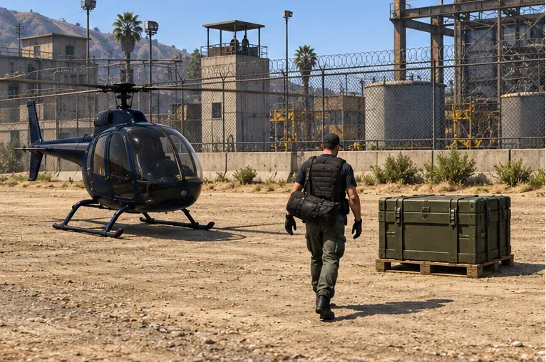 A helicopter parked on open ground outside a fenced industrial compound while a character walks toward an equipment crate.