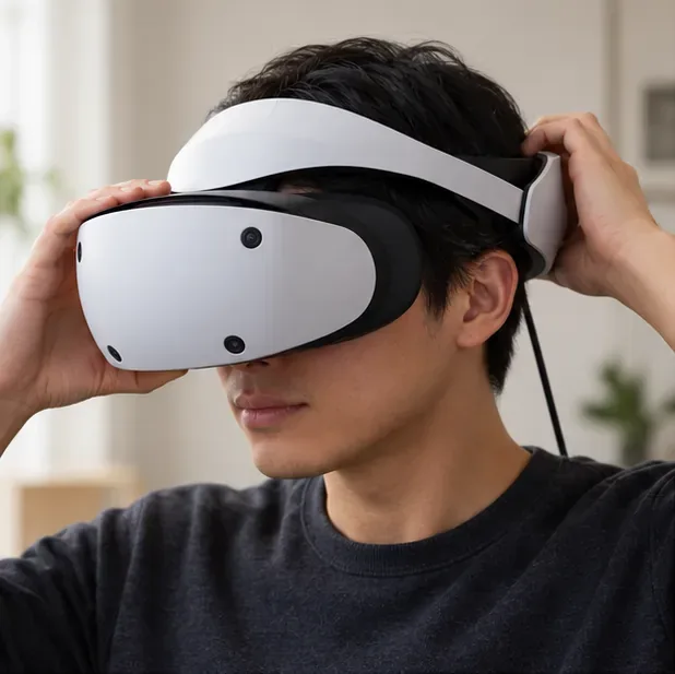 A PS VR2 wearer adjusts the headset scope and headband before eye tracking calibration