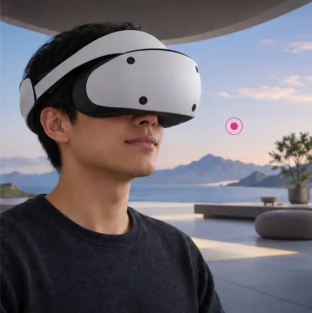 A PS VR2 player looks toward a single gaze marker during a post-calibration check