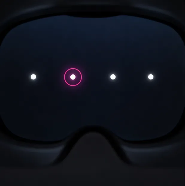 Four bright gaze calibration dots on a dark headset view, with one target highlighted