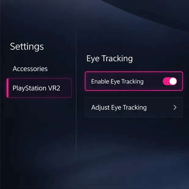 Illustrative PS5-style settings screen showing Eye Tracking enabled and the Adjust Eye Tracking option