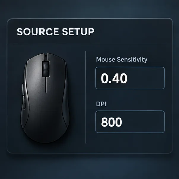 Um cartão de configurações do mouse mostra a sensibilidade do VALORANT em 0,40 e o DPI do mouse em 800.