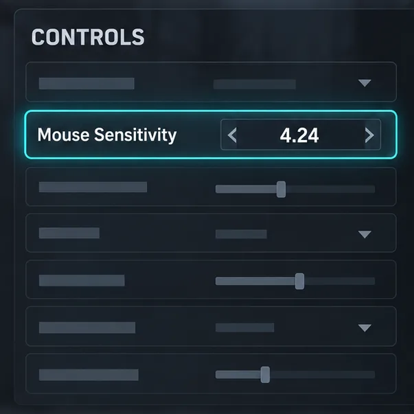 Um painel de controle genérico destaca o campo Sensibilidade do Mouse, definido como 4,24.