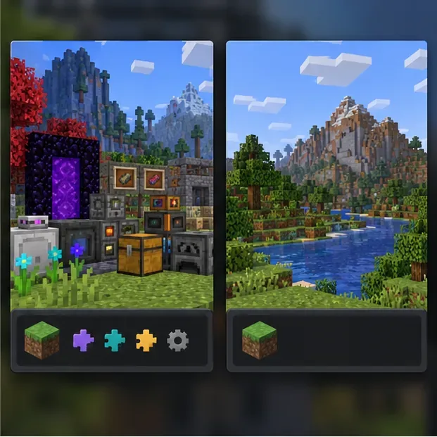 Two blocky game scenes contrasting an add-on-filled setup with a clean setup