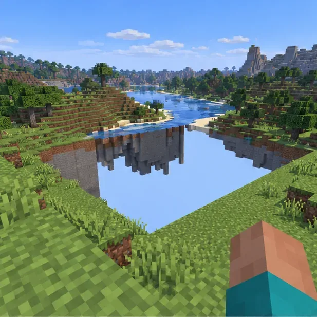 A blocky landscape with a large open gap where terrain appears to be missing