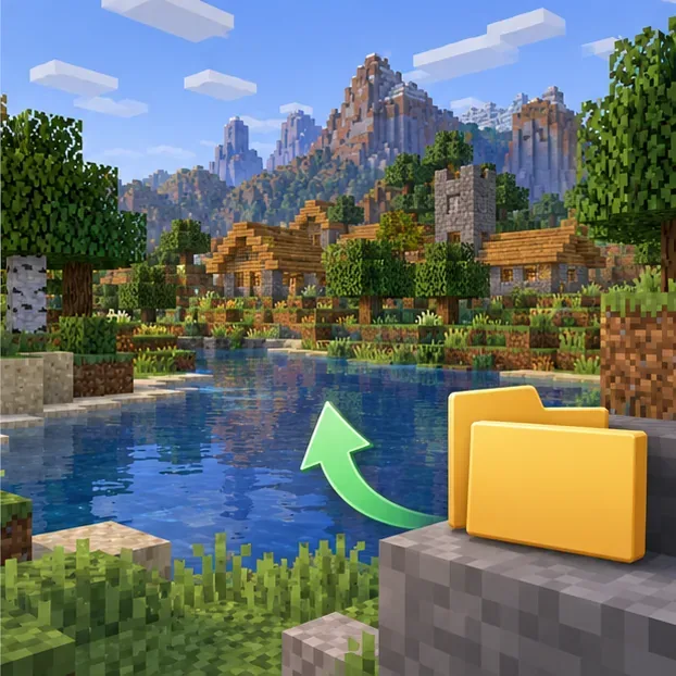 A restored blocky village beside a folder that represents the preserved backup